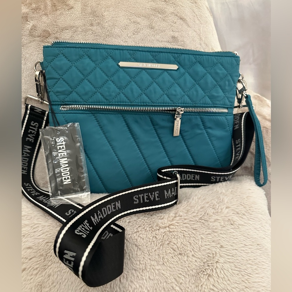 STEVE MADDEN Teal Blue Green Crossover Village Quilted Handbag Purse New NWT
